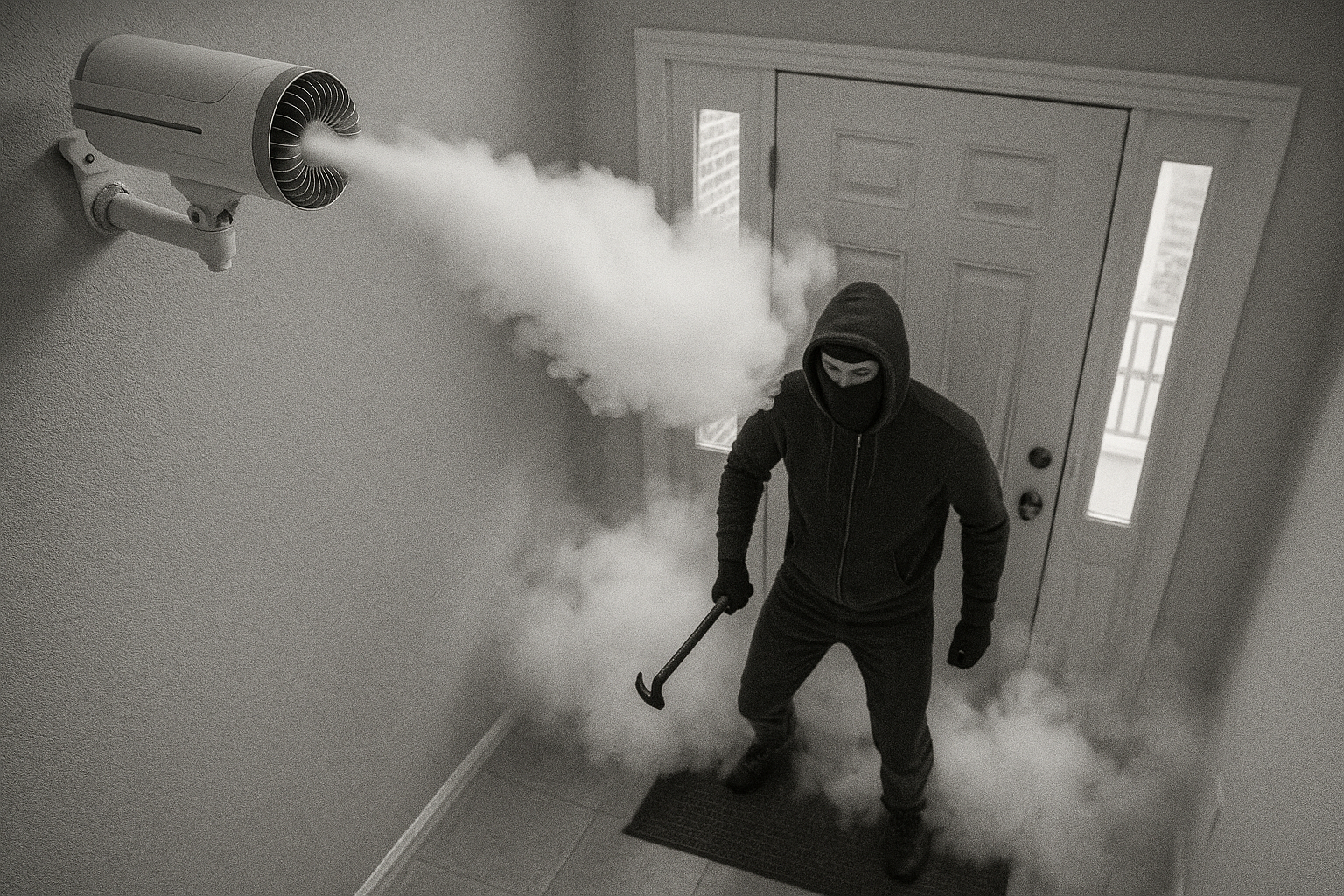 Person in a dark outfit with a hood holding a hammer, standing in front of a door with smoke emanating from a security fog machine called Iron Fog.