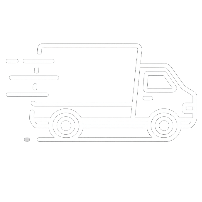 Outline of a delivery truck with speed lines on a white background