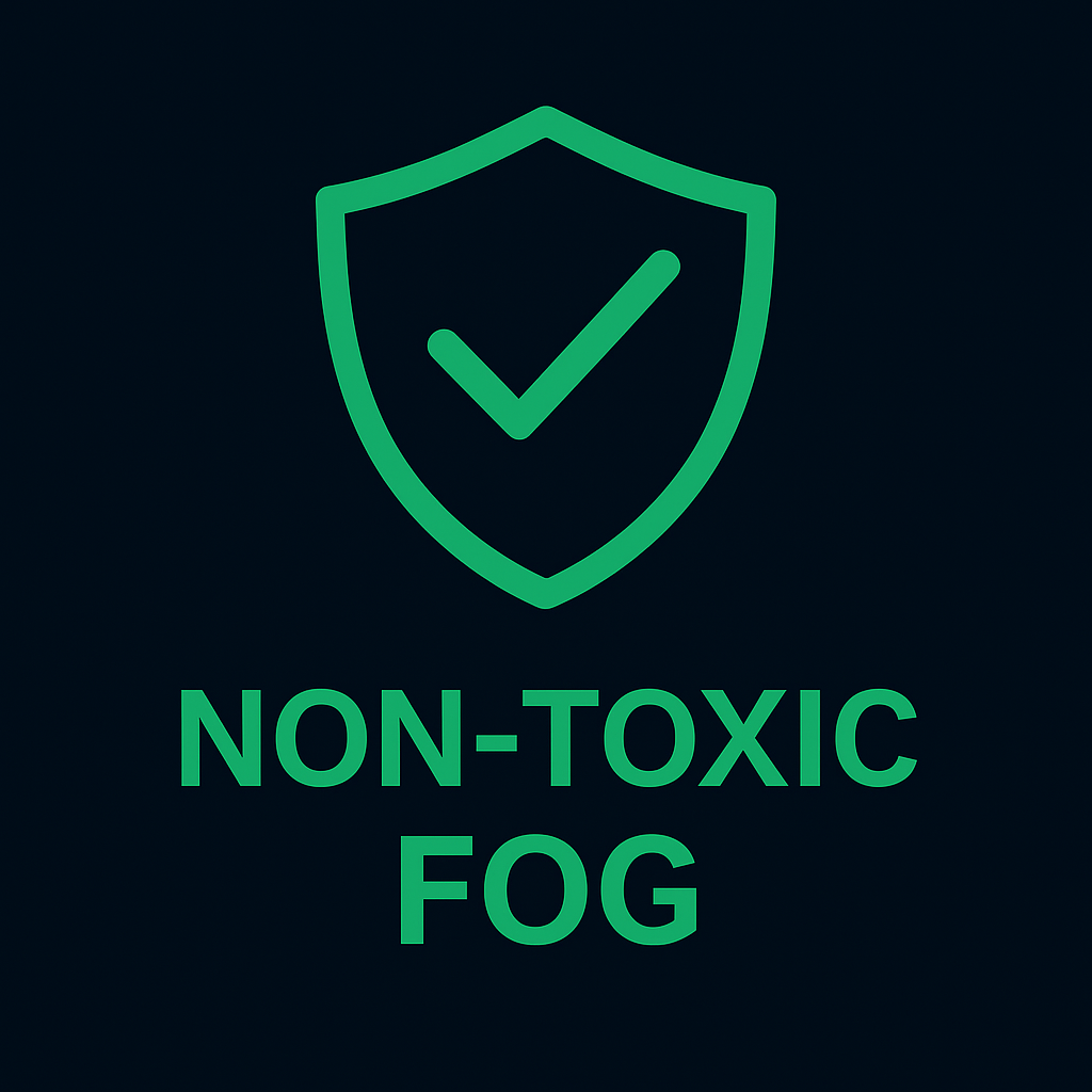 Green shield icon with a checkmark and 'Non-Toxic Fog' text on a black background