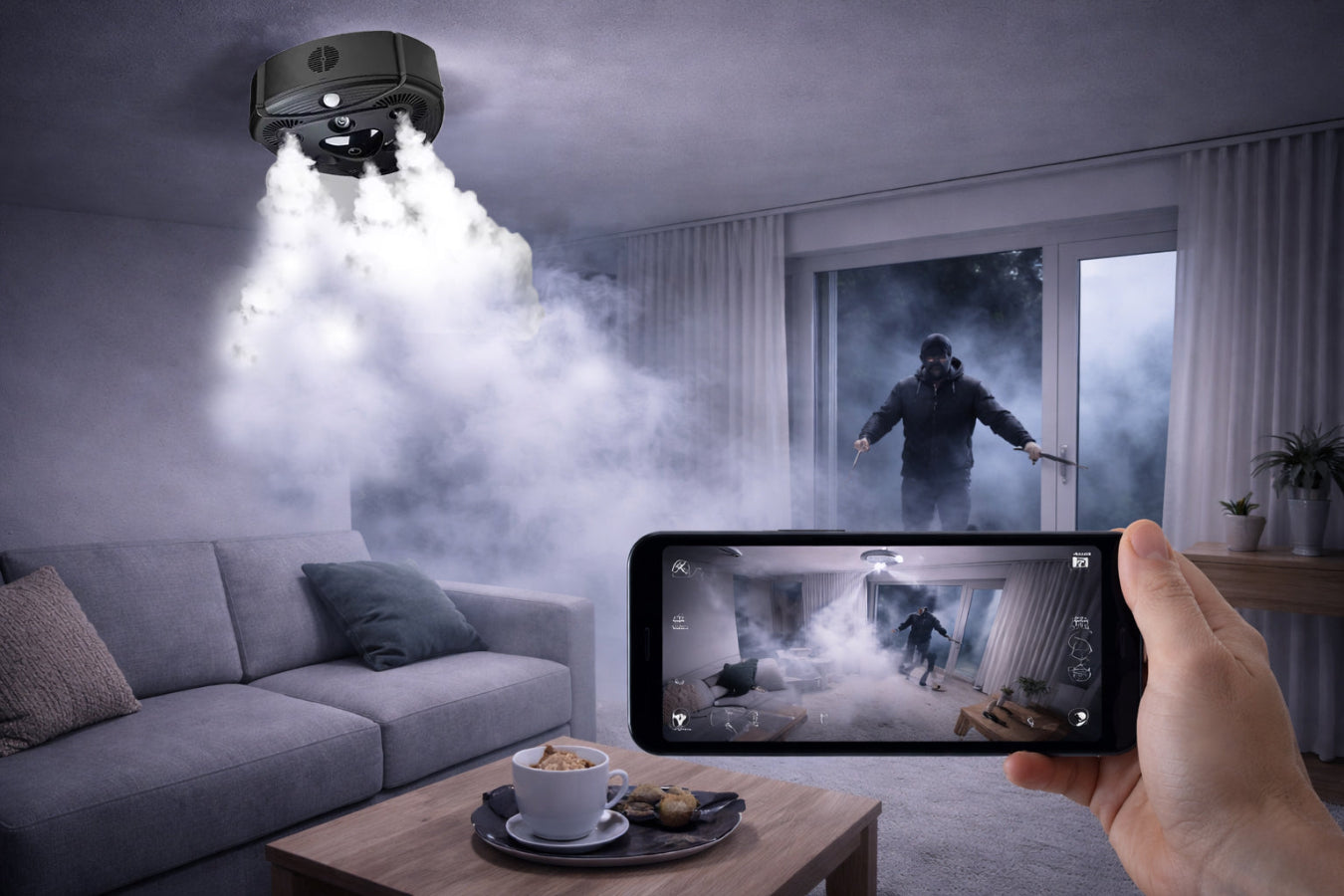 Burglar breaking into a house and VisionGuard Fog Security blasting fog while a hand is holding a phone that shows the same scene