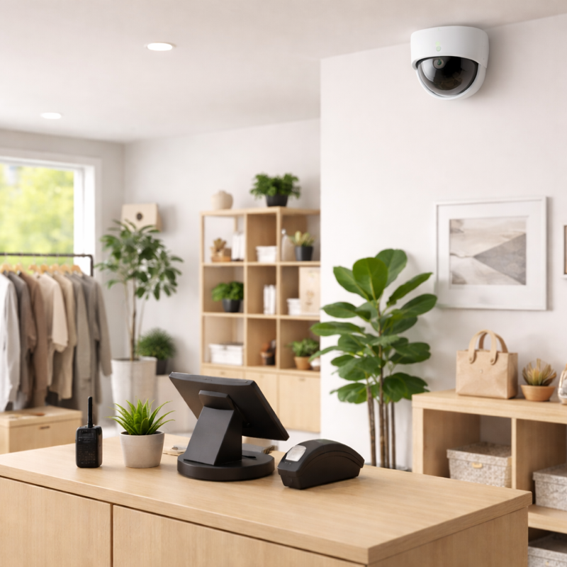 Retail setting showing a security camera, POS, and alarm system