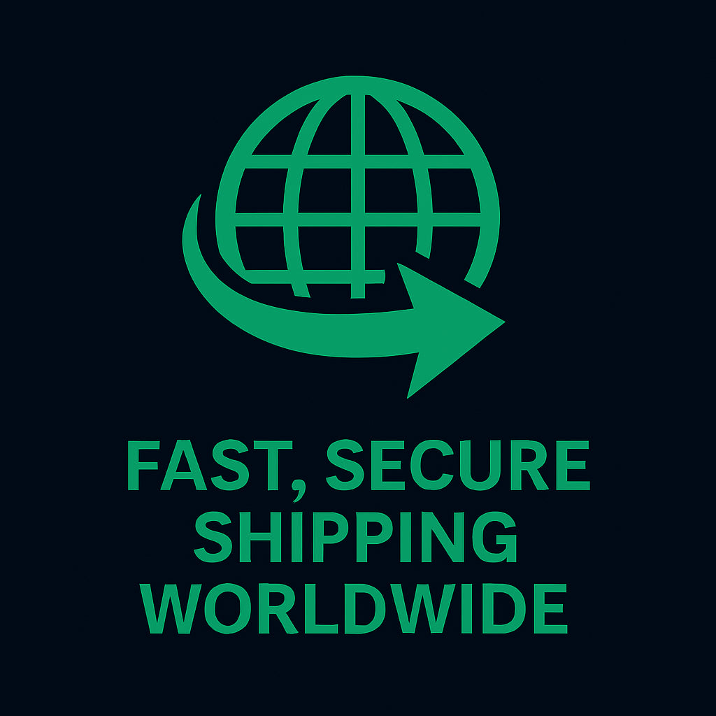Green globe icon with an arrow and text 'Fast, Secure Shipping Worldwide' on a black background